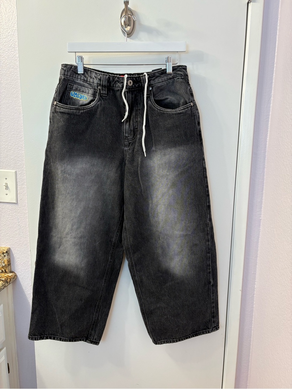 Men's Black Washed Drawstring Jeans Size 28 (90s inspired) Like New